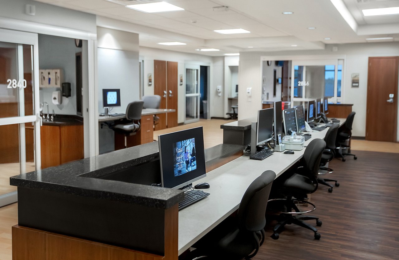 Cambria Hamilton quartz countertops on Sanford Heart Hospital reception desk