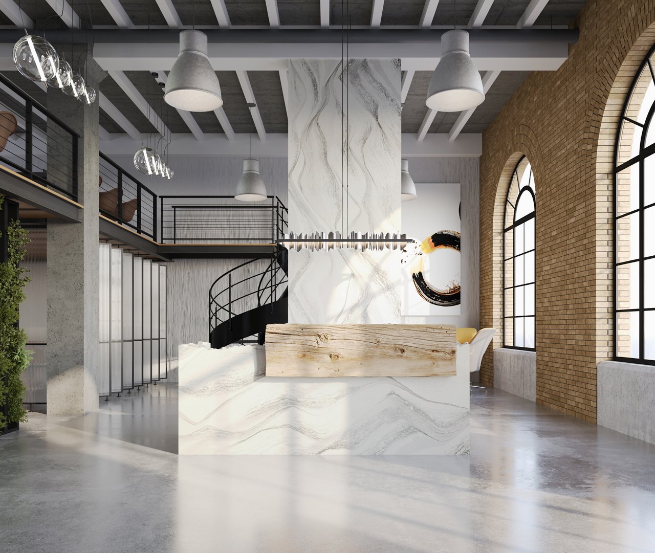 An industrial style lobby with concrete flooring, brown brick walls on the right with large black arched windows, and a beautiful reception desk made from white quartz with wooden accents.