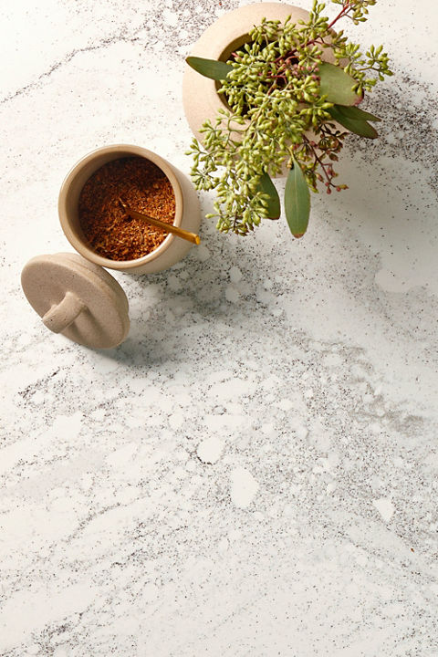 a close up view of Cambria's Harlow™ quartz countertops.