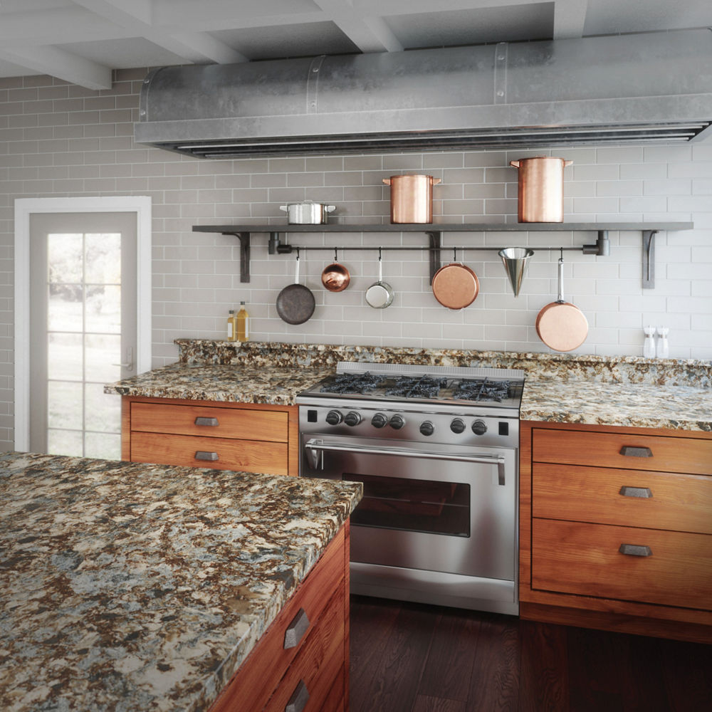 Gray kitchen with visible storage featuring Havergate quartz countertops