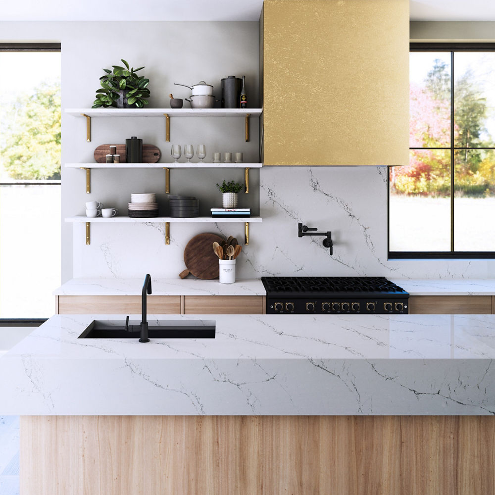 A sleek modern kitchen with Cambria Hawksmoore quartz countertops and backsplash