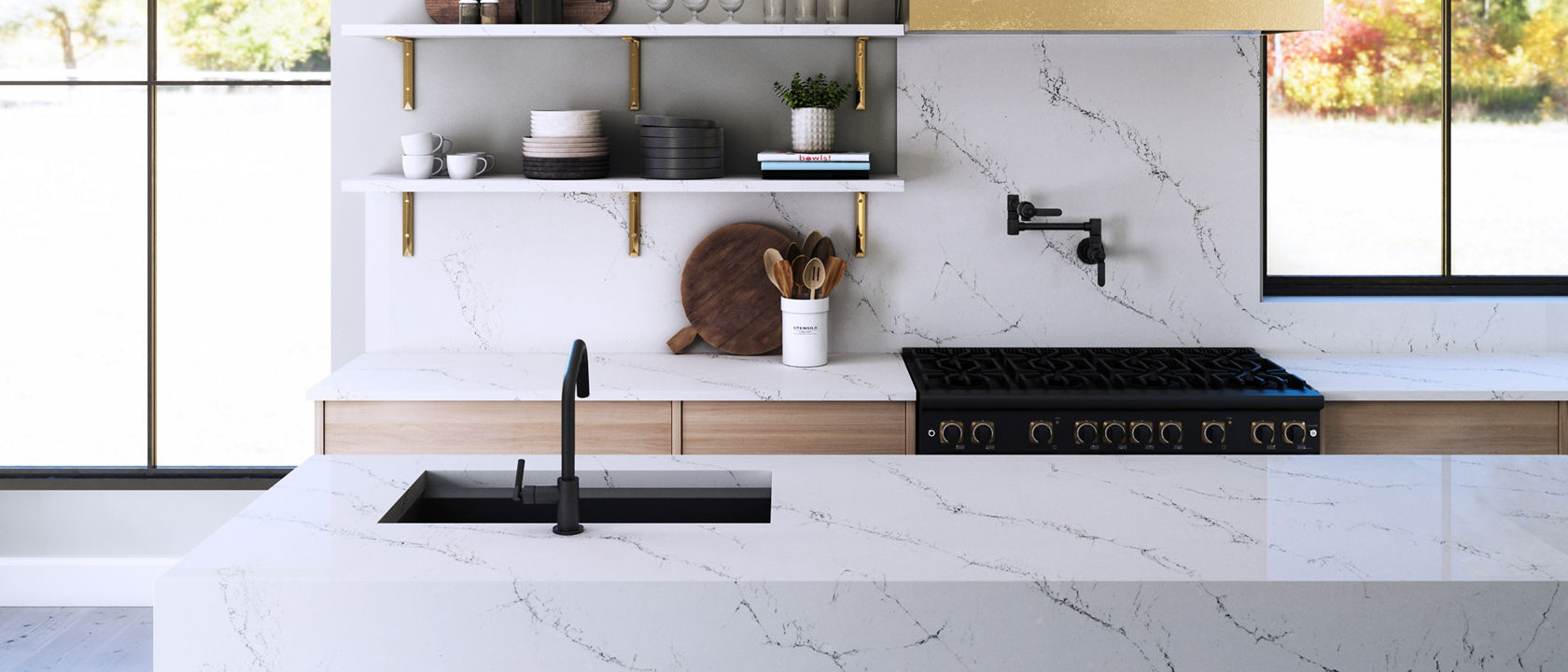 A sleek modern kitchen with Cambria Hawksmoore quartz countertops and backsplash
