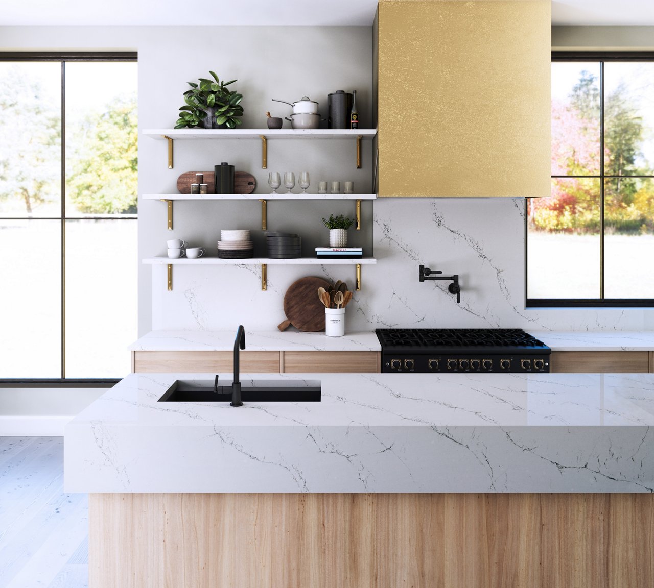 A sleek modern kitchen with Cambria Hawksmoore quartz countertops and backsplash