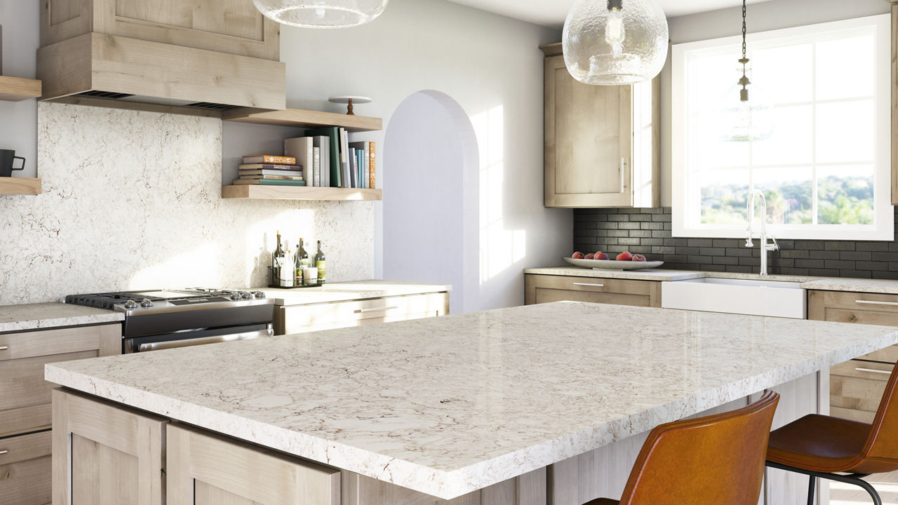 Haydon quartz countertops and backsplash in a light kitchen 