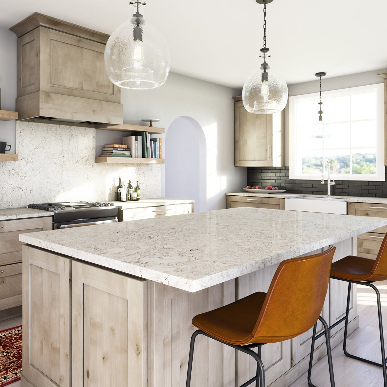 Haydon quartz countertop and backsplash in a light toned kitchen