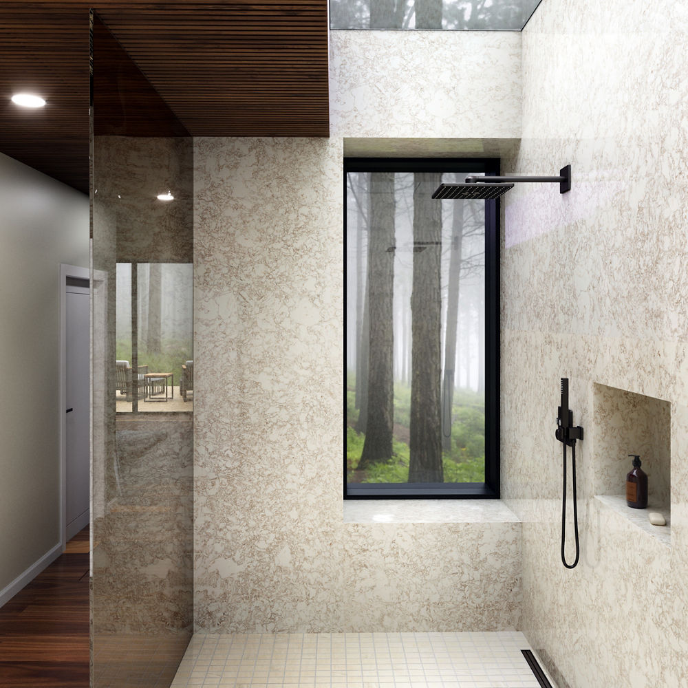 A bathroom with a Hermitage quartz shower wall