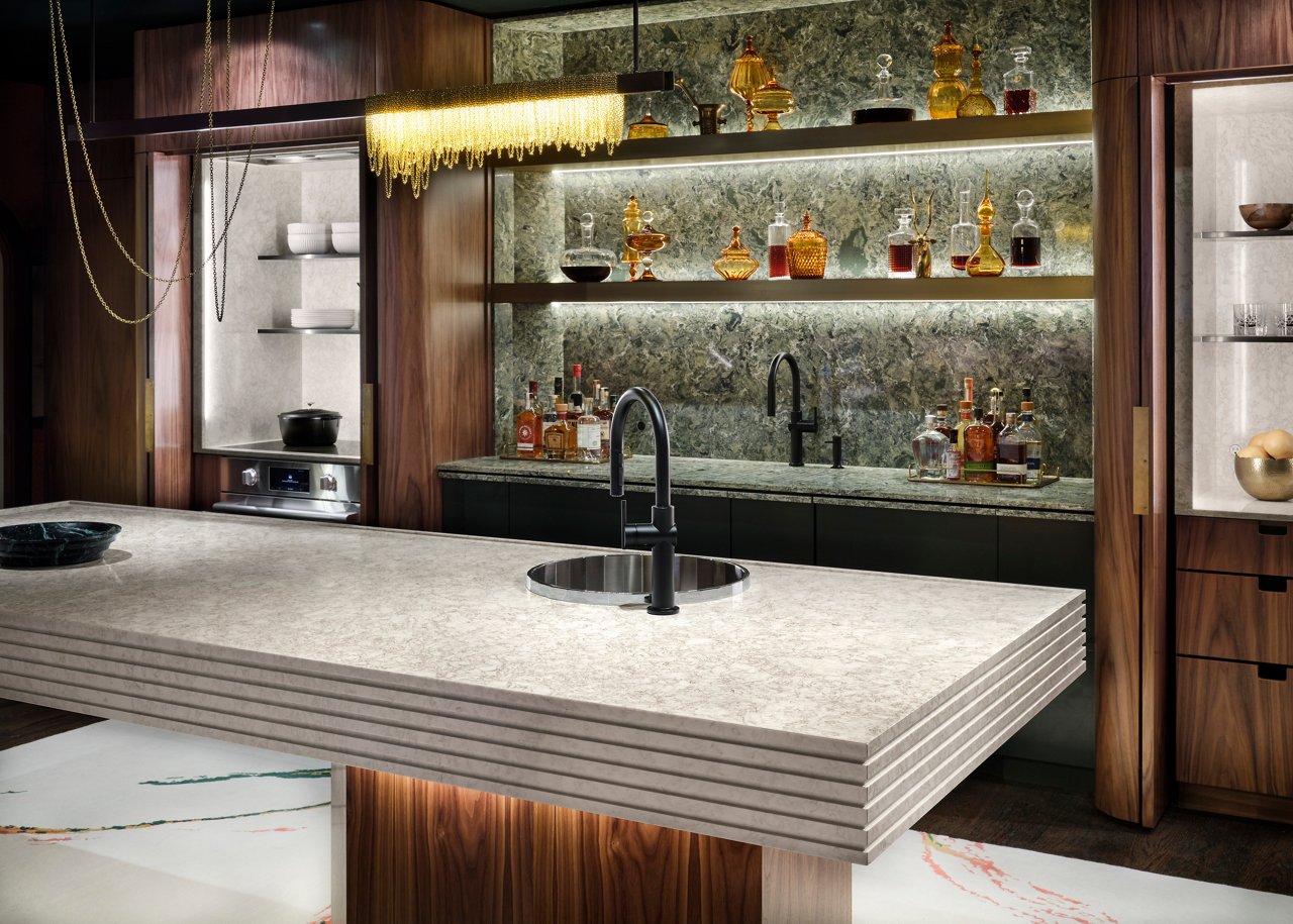 Unique Cambria Hermitage and Wentwood quartz bar countertop and backsplash