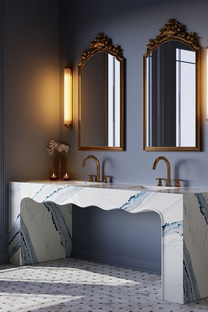 Bathroom with a focus on the siding of a counter featuring Cambria Inverness Bristol Bay quartz.