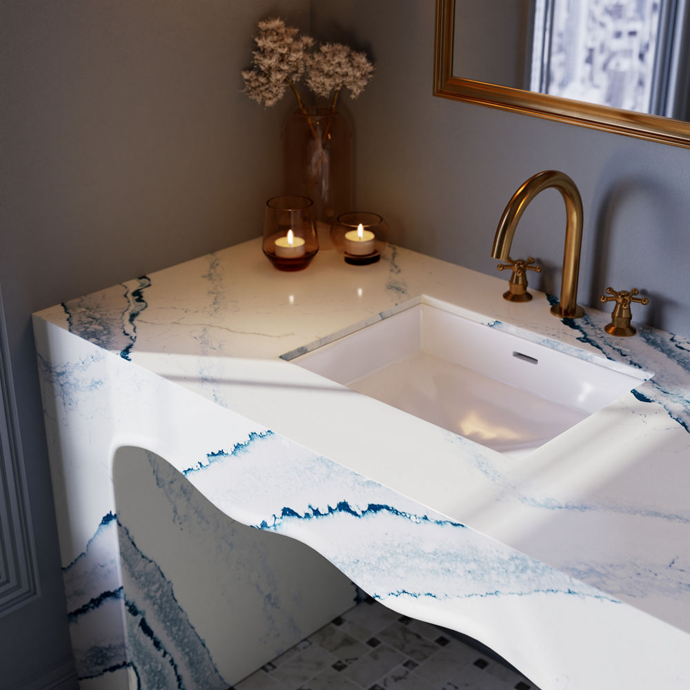 Bathroom with a focus on the countertop featuring Cambria Inverness Bristol Bay quartz.