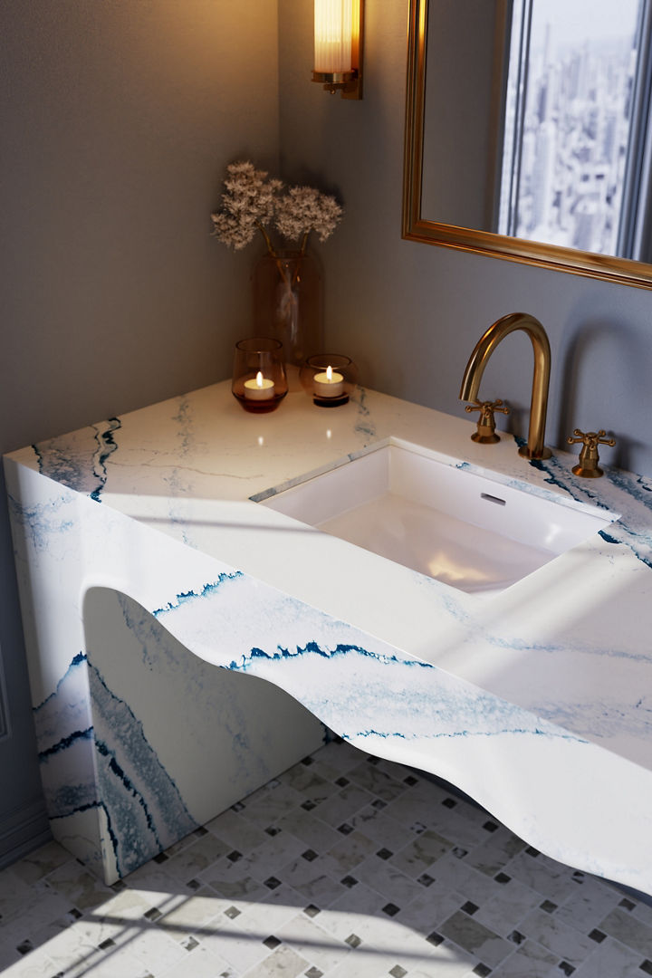 Bathroom with a focus on the countertop featuring Cambria Inverness Bristol Bay quartz.