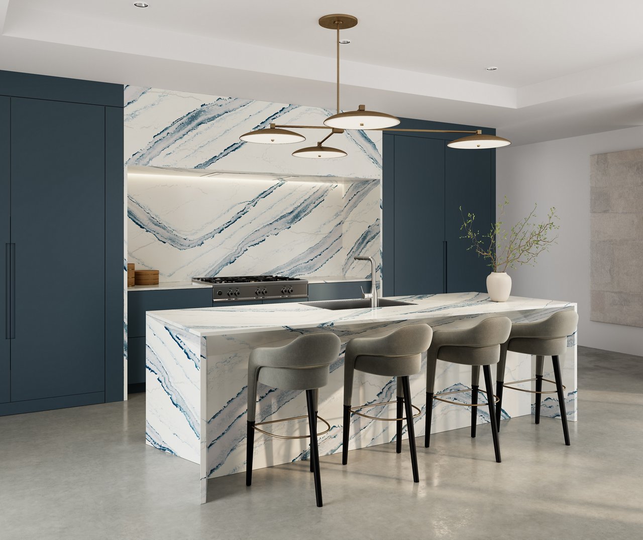 Kitchen featuring a wall, counter, and island with Cambria Inverness Bristol Bay quartz countertops and siding.