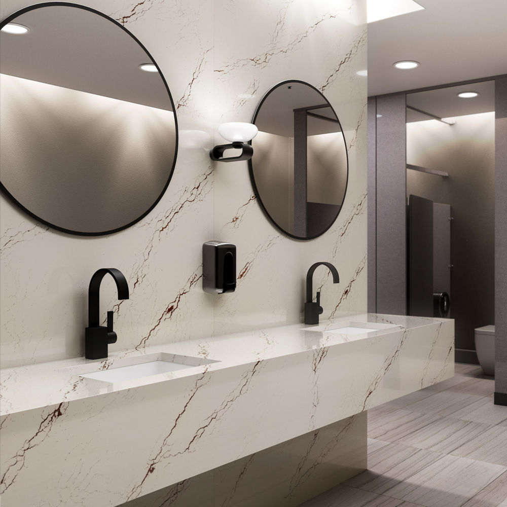 A stylish modern bathroom with Cambria Inverness Bronze quartz countertop and wall