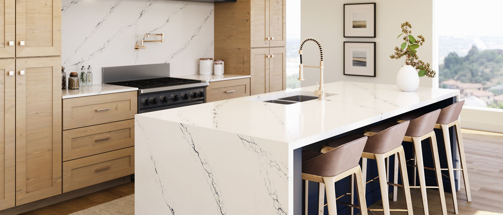 Kitchen featuring an island with Cambria Inverness Coblat quartz countertops and siding.
