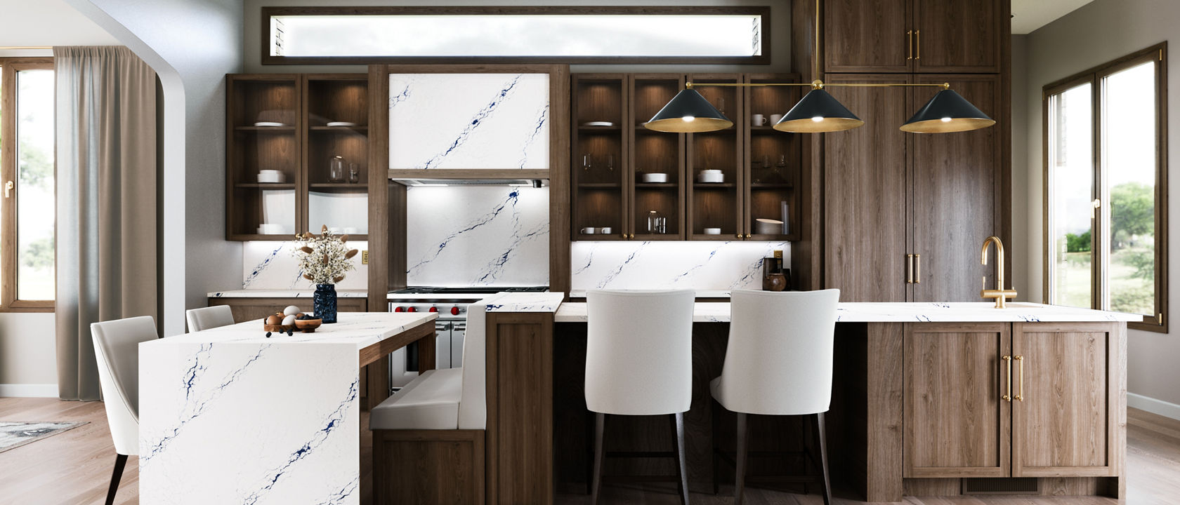 A modern kitchen with Inverness Cobalt quartz countertops and backsplash