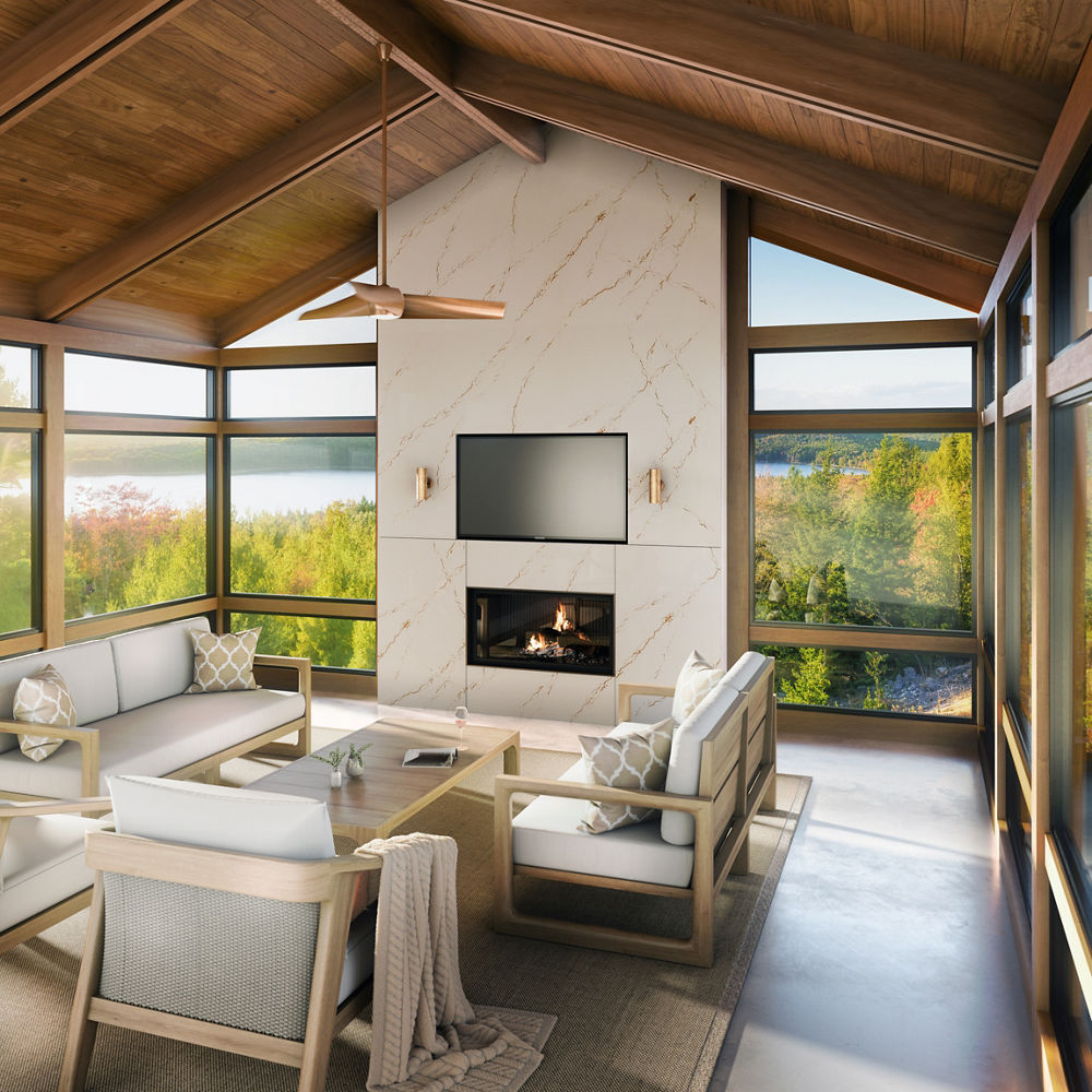 A rustic living room design with Cambria Inverness Gold Matte quartz fireplace