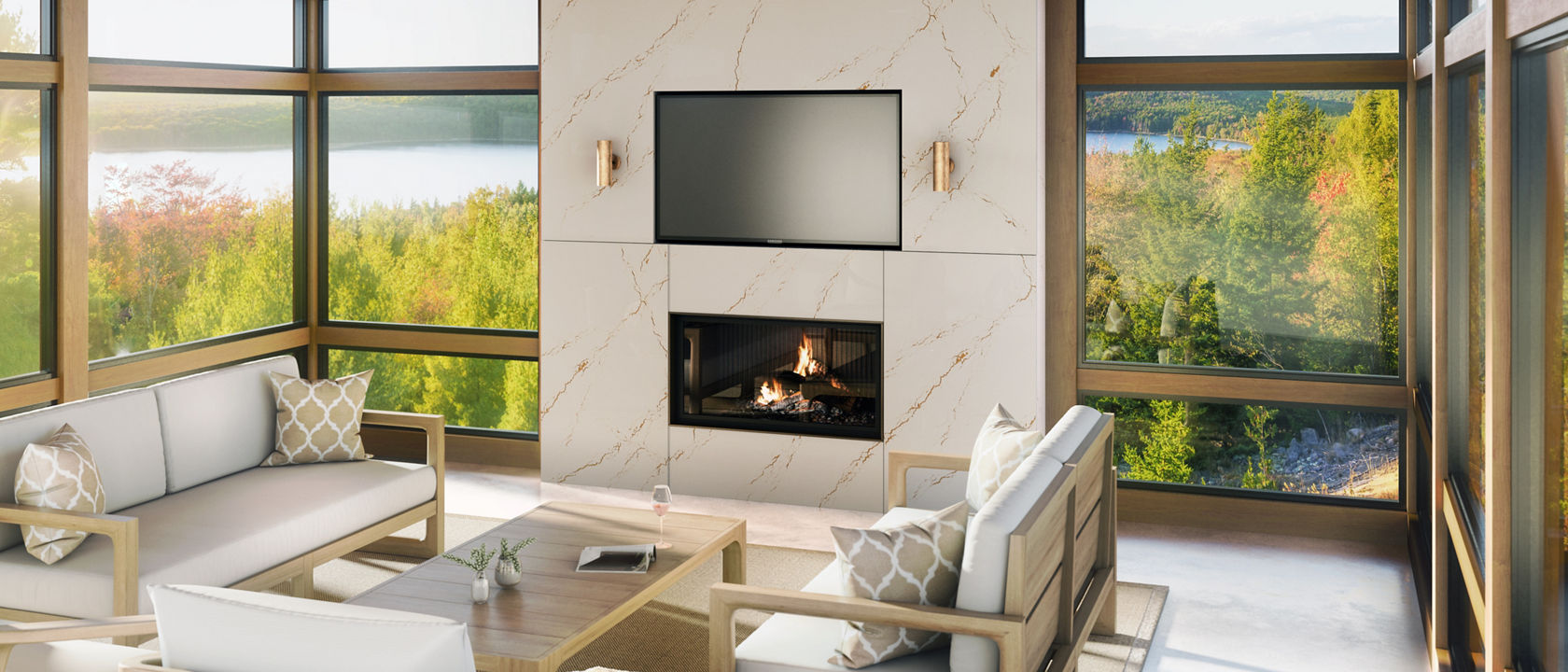 A rustic living room design with Cambria Inverness Gold Matte quartz fireplace