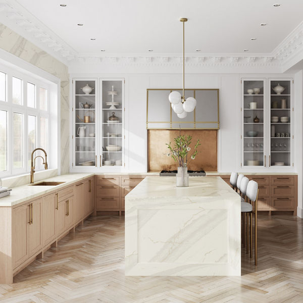 Kitchen featuring a counter with Cambria Inverness Swansea quartz countertops and an island with Cambria Inverness Swansea quartz siding and countertops.