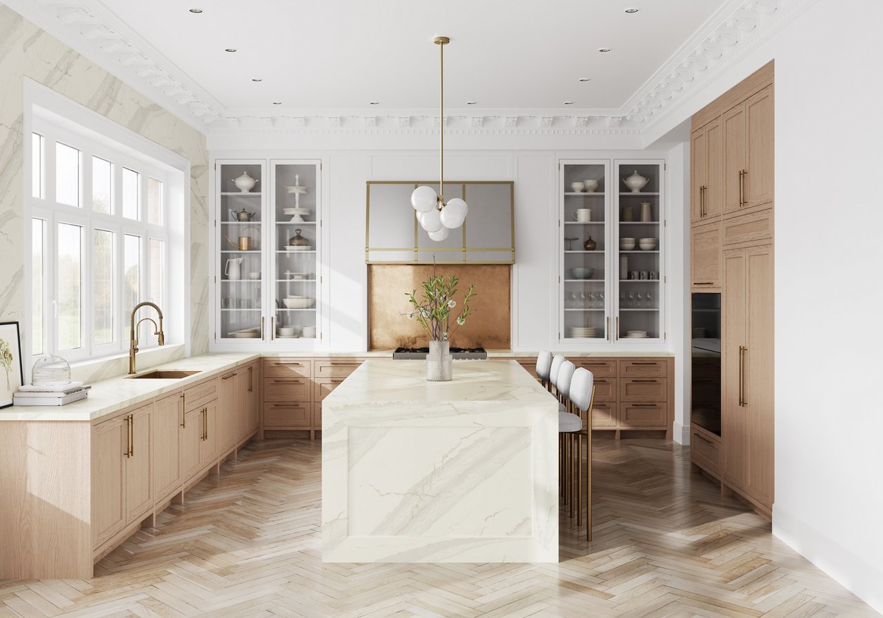 Kitchen featuring a counter with Cambria Inverness Swansea quartz countertops and an island with Cambria Inverness Swansea quartz siding and countertops.