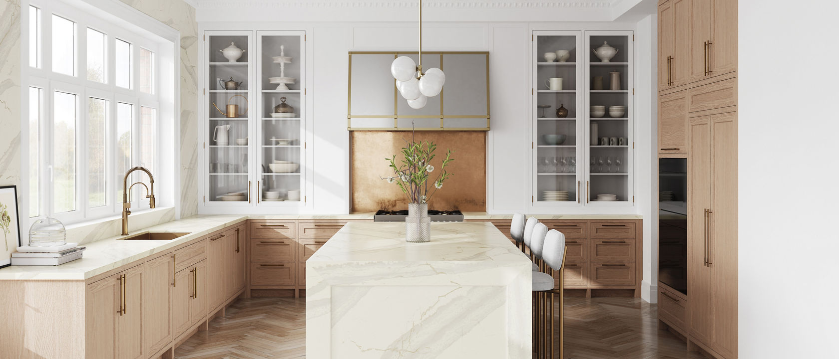 Large kitchen with light wood cabinets and white Inverness Swansea Matte countertops