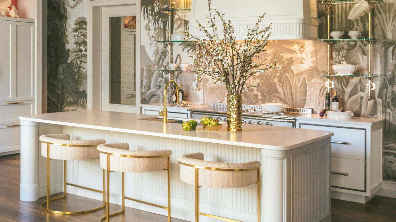 A classically styled island with Cambria Ironsbridge Matte quartz countertop