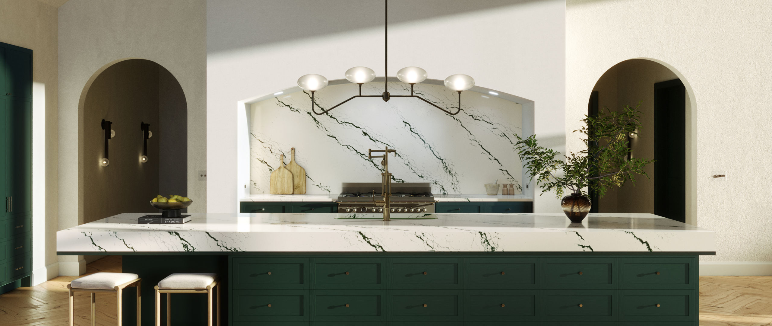 A kitchen with an Ivybridge quartz countertop and backsplash with green cabinetry