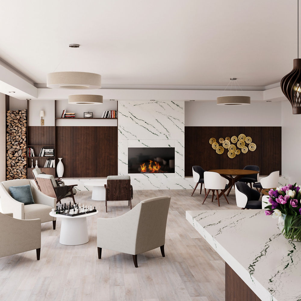 A living room with an Ivybridge quartz fireplace surround and kitchen countertop