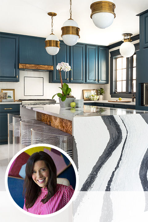 Jewel Marlowe's headshot with background image of kitchen featuring Jewel's design