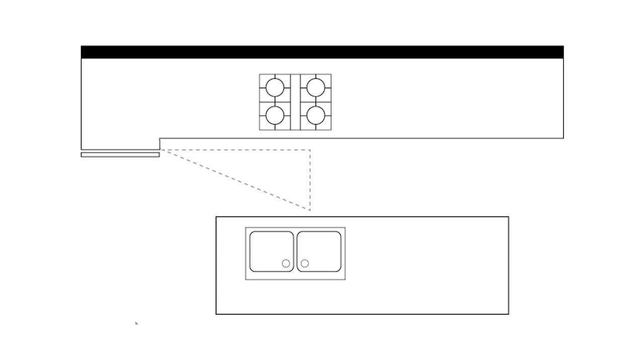 A one wall kitchen layout with an island diagram