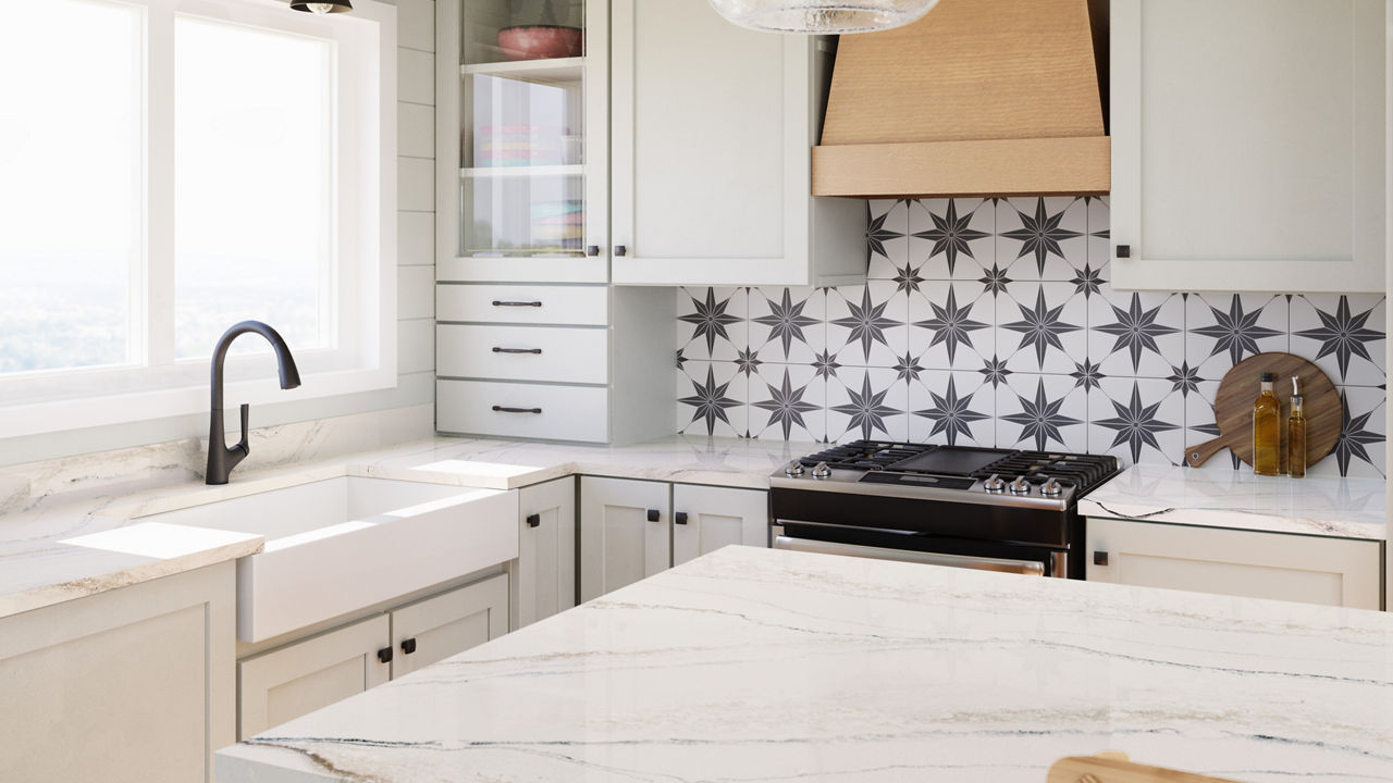 a neutral kitchen with white cabinets topped with white quartz countertops, white farmhouse sink, black accents throughout, a center island white wood cabinets and white quartz countertops, a wooden hood over a range, and a geometric tile backsplash.