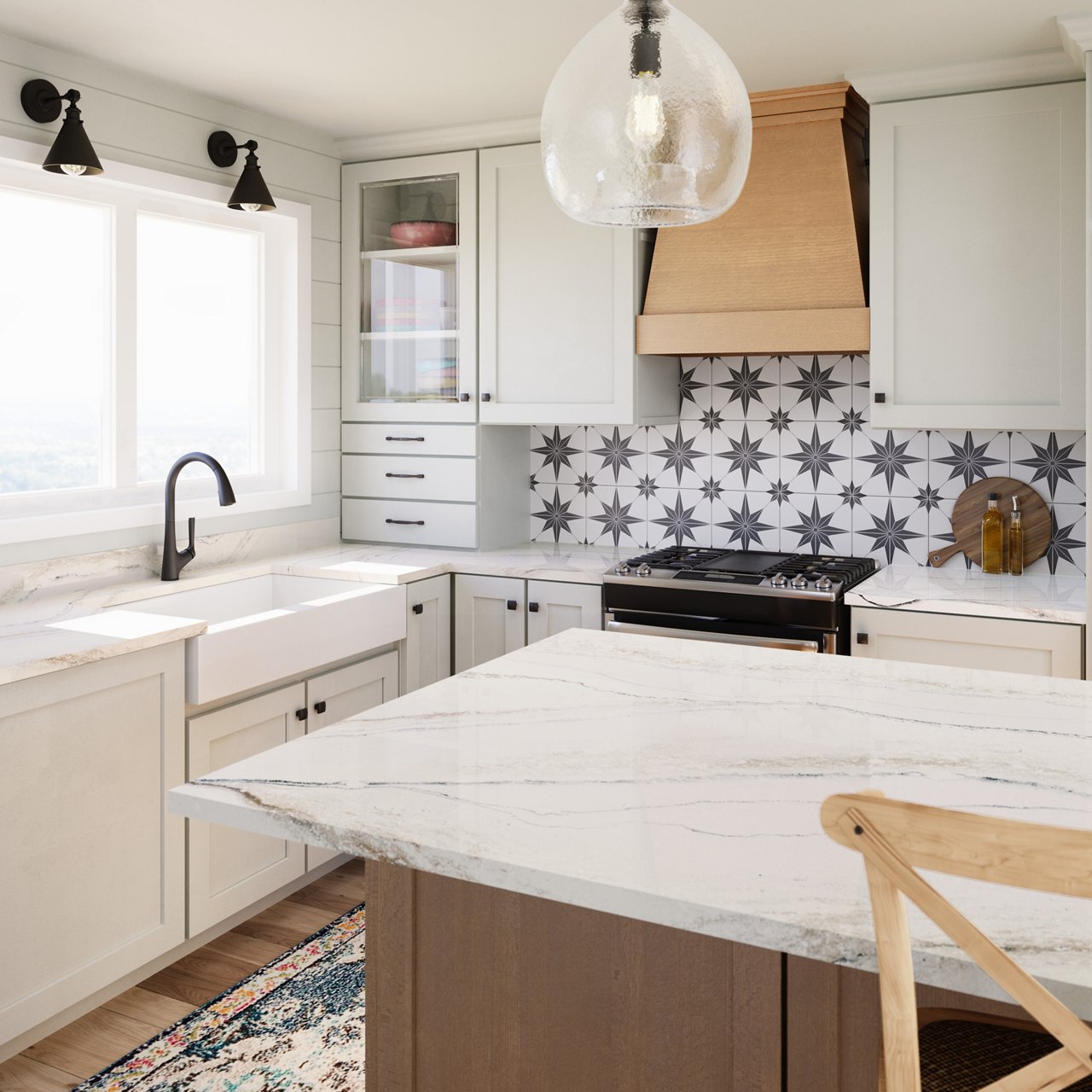 a neutral kitchen with white cabinets topped with white quartz countertops, white farmhouse sink, black accents throughout, a center island white wood cabinets and white quartz countertops, a wooden hood over a range, and a geometric tile backsplash.