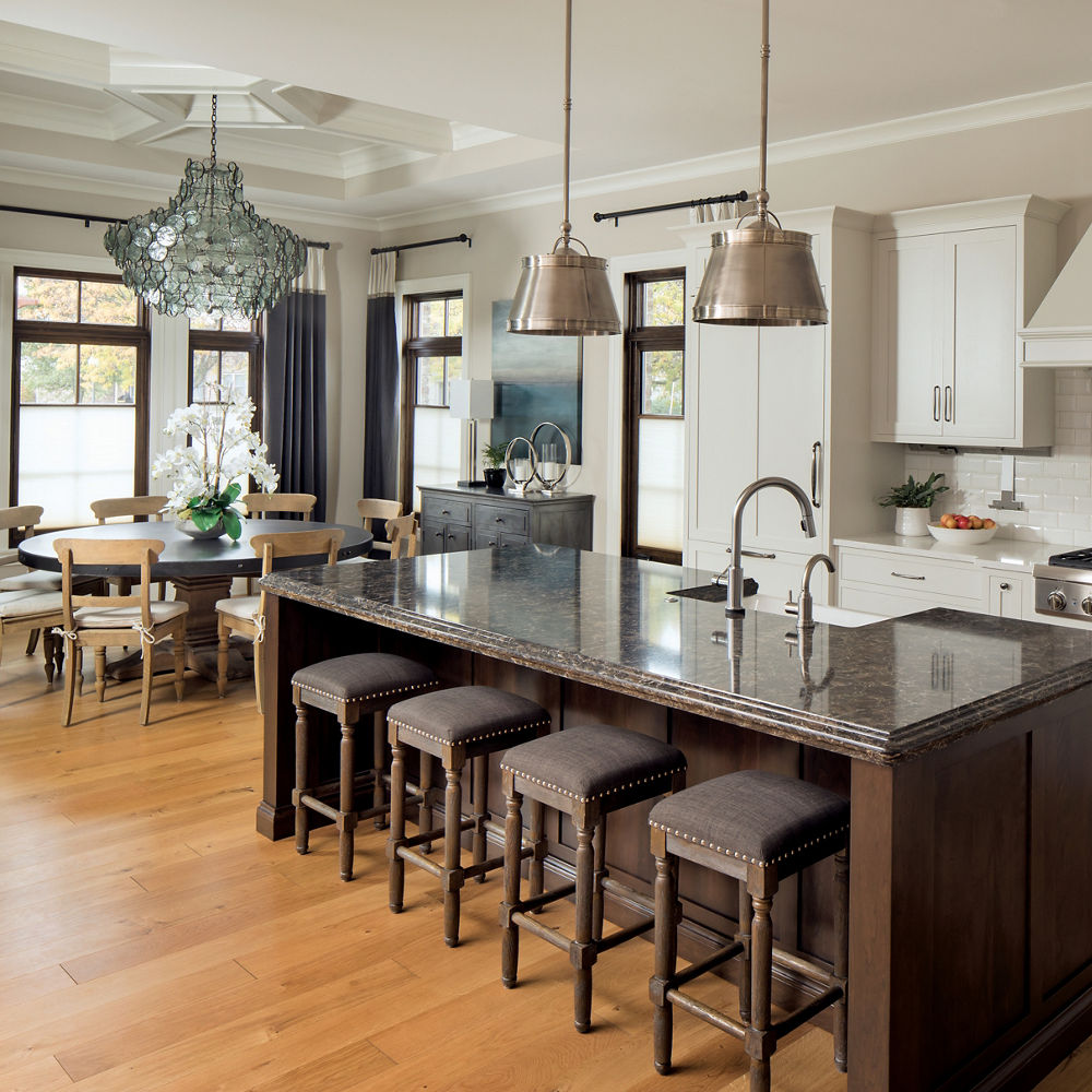 A two-toned kitchen with a granite alternative, Laneshaw quartz on the island countertop