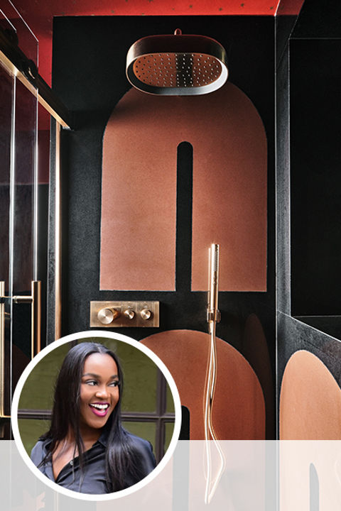 Leah Alexander's headshot with background image of bathroom featuring Leah's design