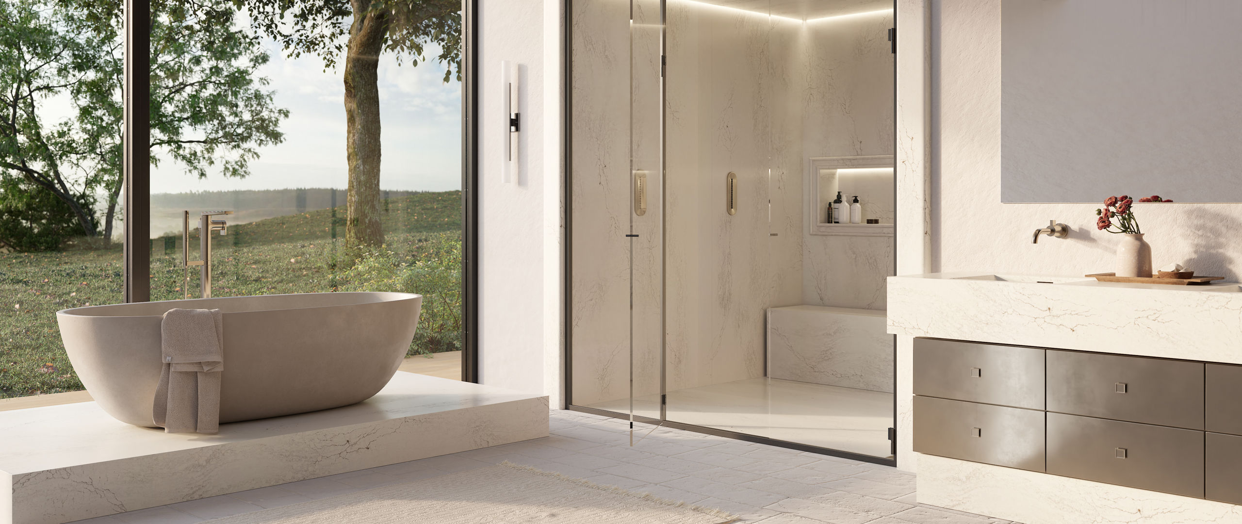 MacBeth bathroom with tub platform, shower surround, and vanity