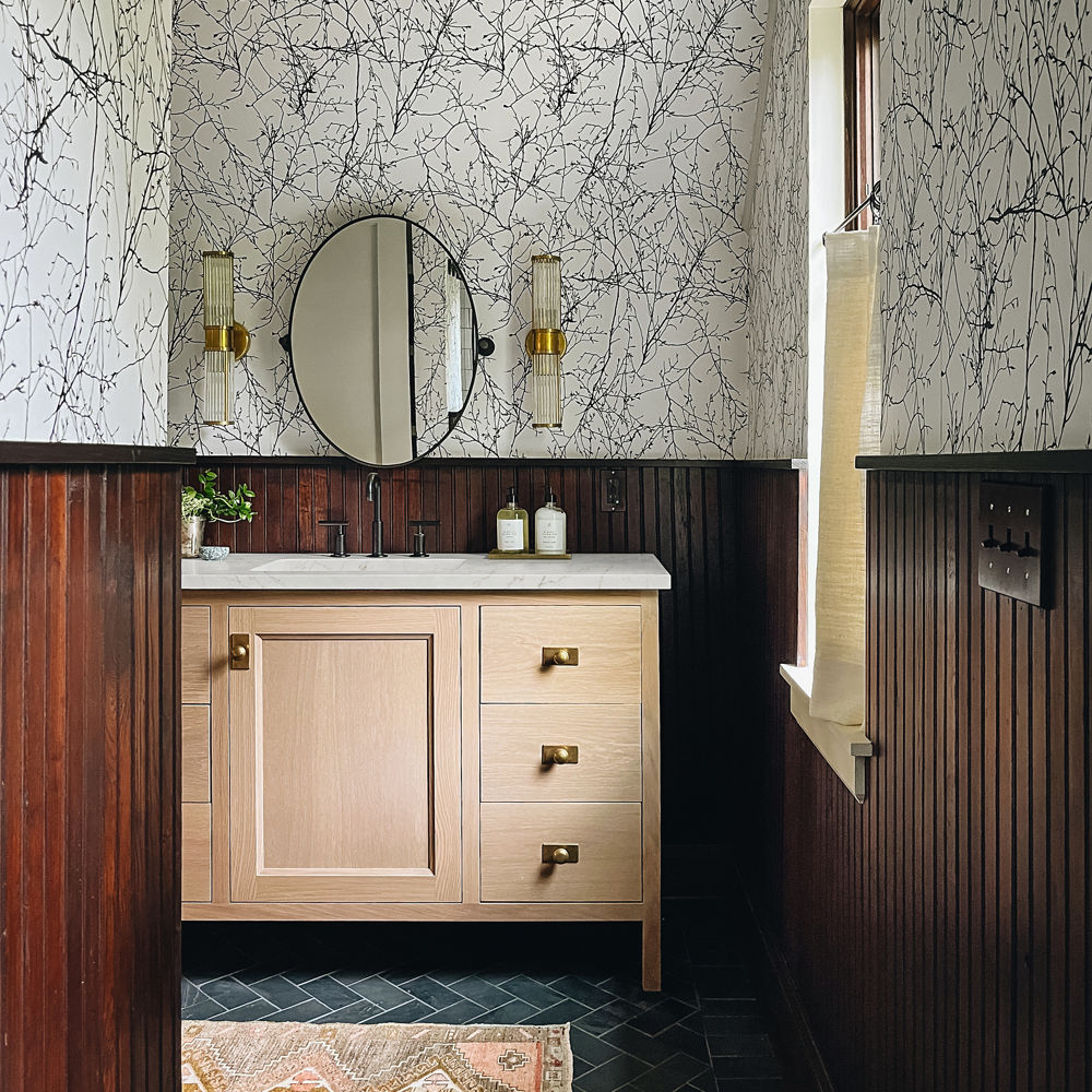 A bathroom with a MacBeth quartz countertop