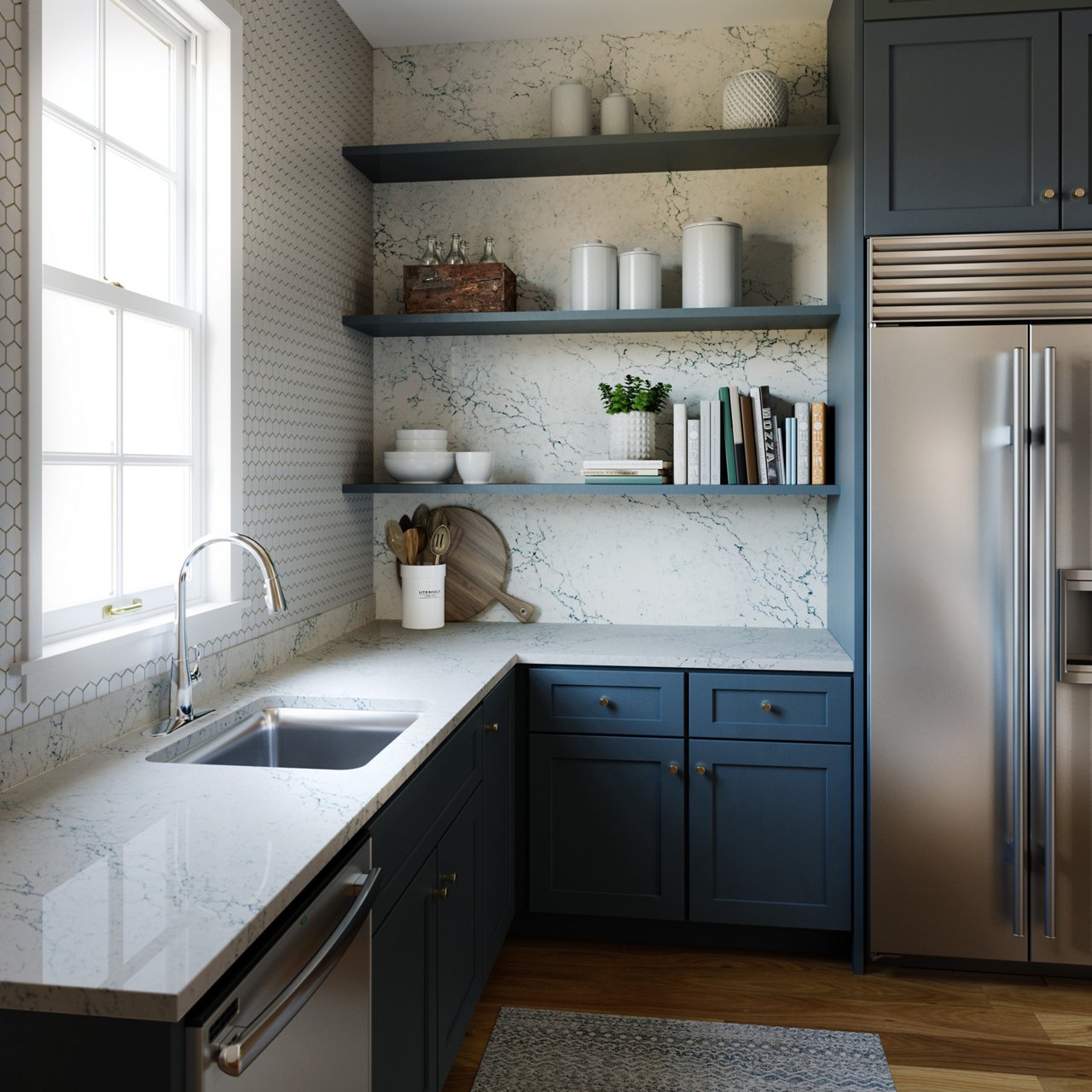 a kitchen with dark teal blue cabinets, white quartz countertops and backsplash with blue veining, open dark teal blue shelving, stainless steel appliances, and various kitchen decorations