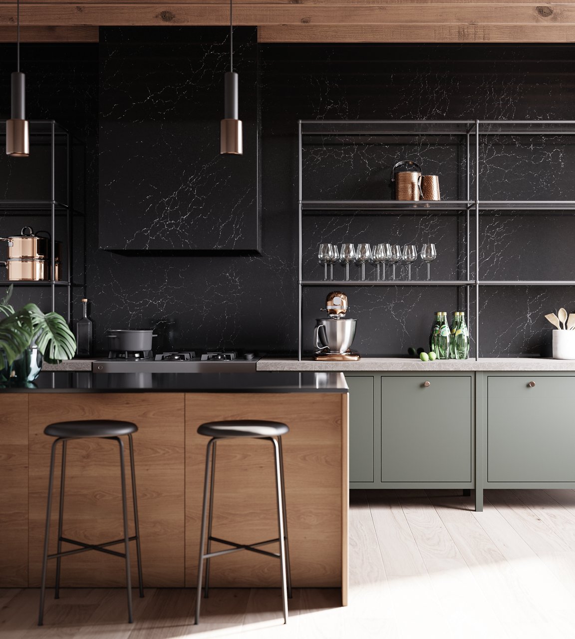 Wall Cladding: Mammoth Cave, Perimeter Countertop: Foggy City, Island Countertop: Black Rock