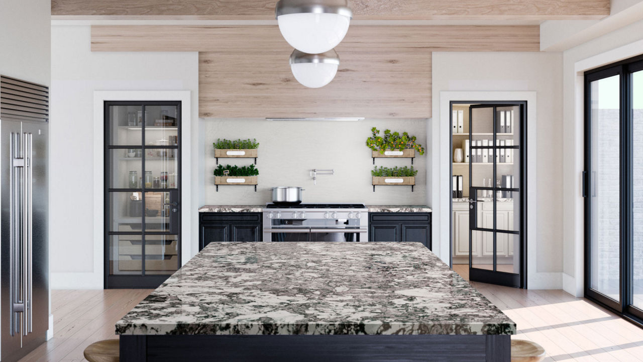 a kitchen with modern glass black doors that lead into a butler's pantry, center island topped with quartz countertops, and a modern range and hood with a pot filler. 