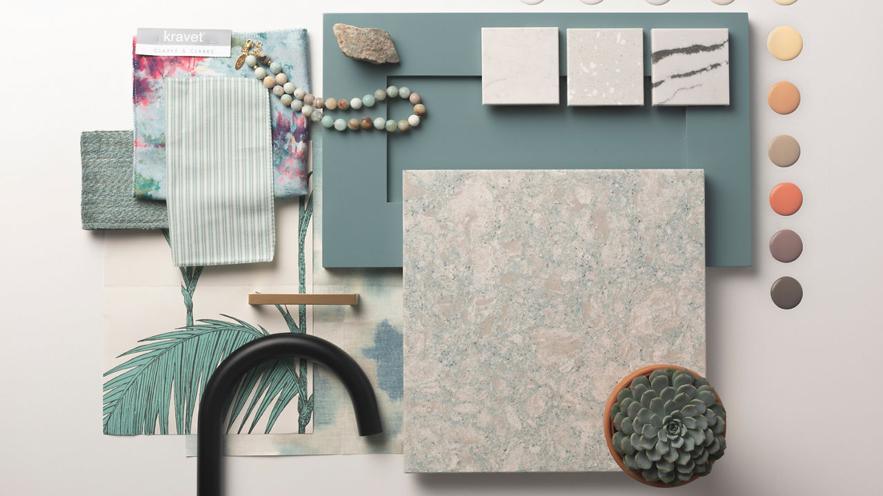 Moodboard featuring multiple Cambria designs, including Whitby, Montgomery, and Gladstone quartz.
