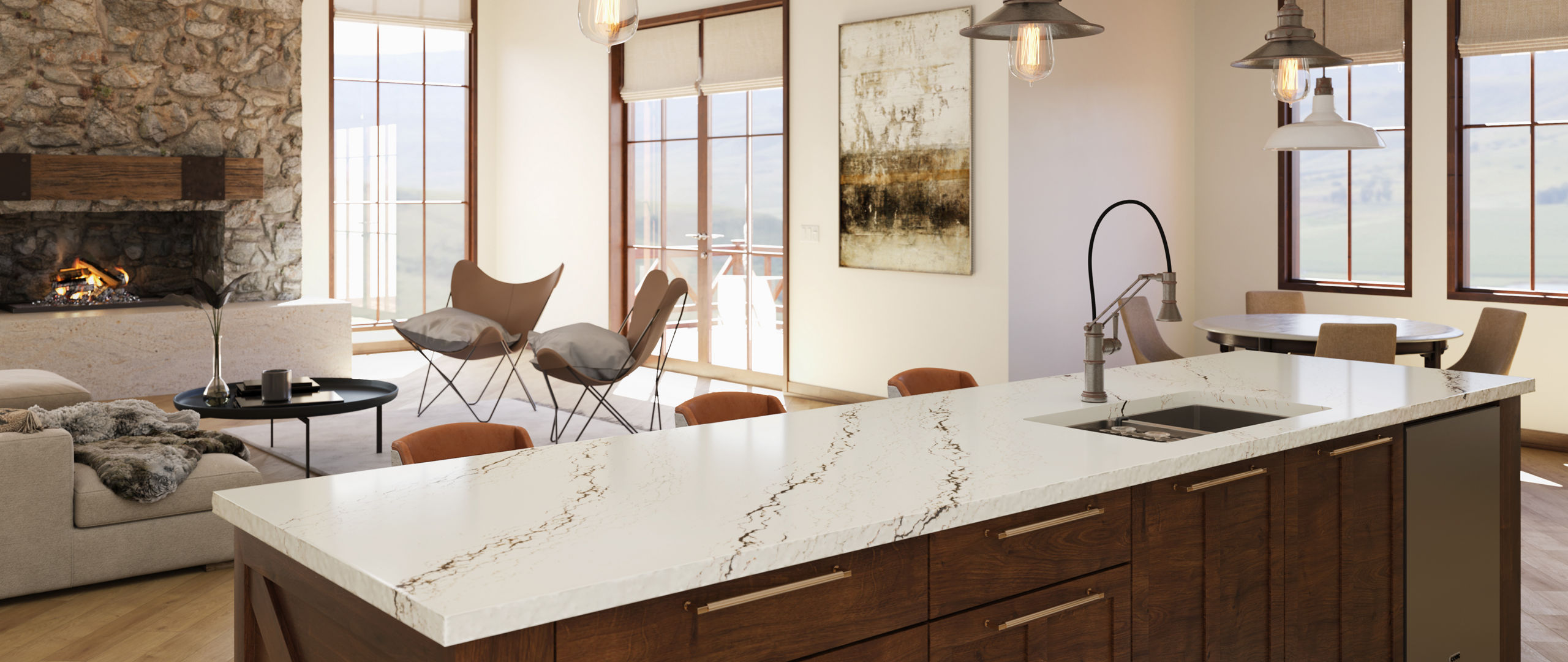 Kitchen island featuring a Cambria Hemsworth quartz countertop.