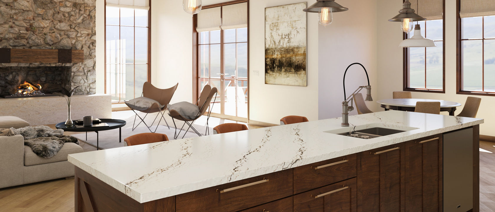 Kitchen island featuring a Cambria Hemsworth quartz countertop.