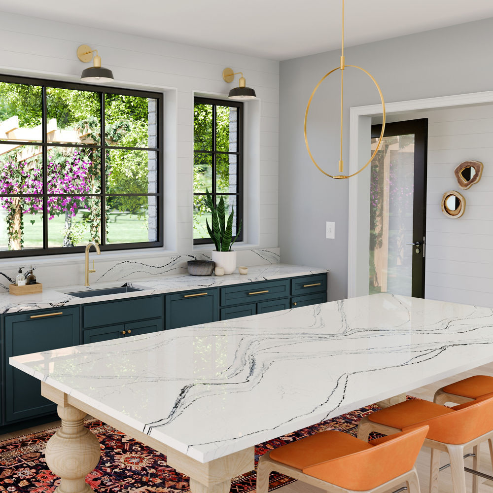 Aqua Blue Plank Kitchen Island with Three Pendants - Transitional