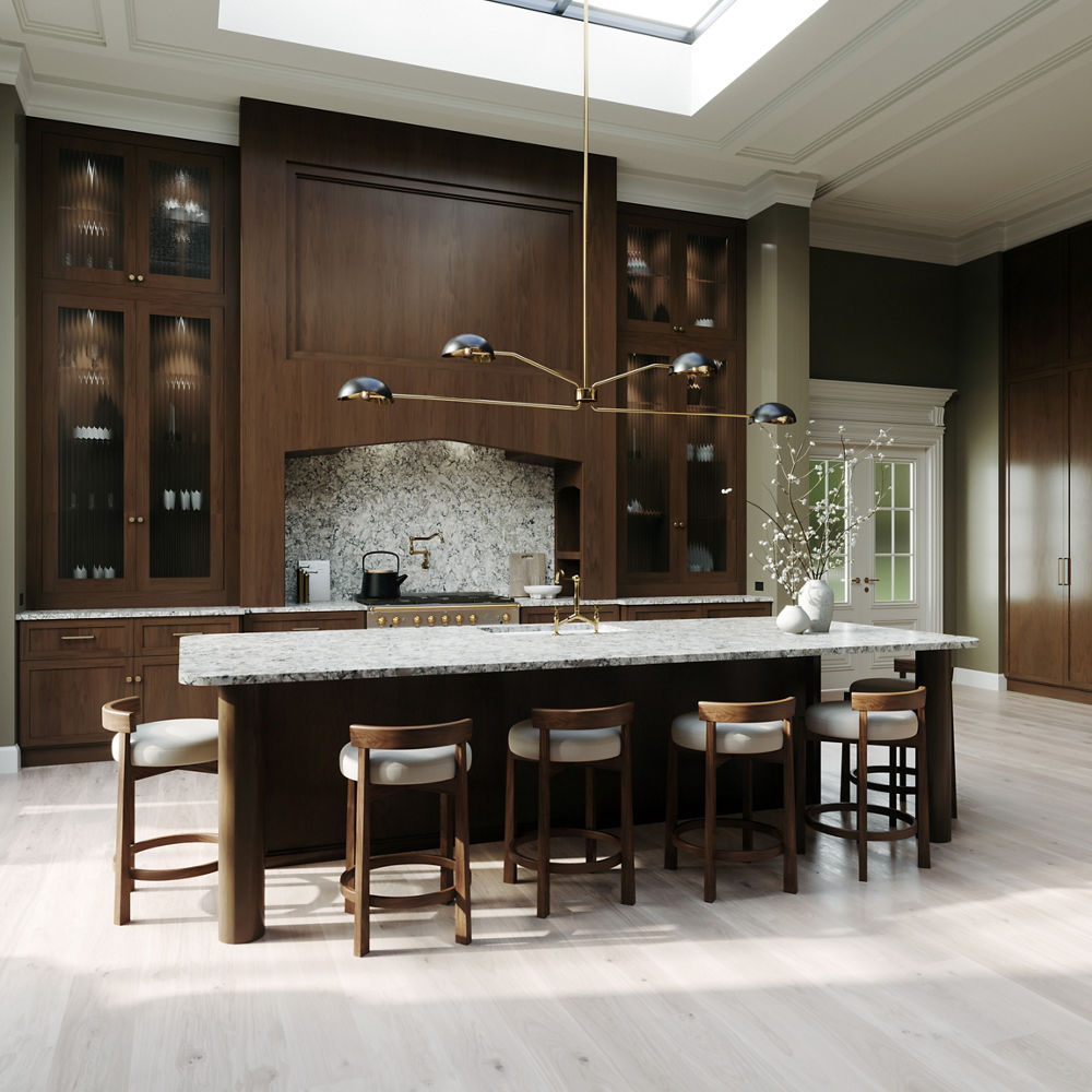 A kitchen with a Praa Sands quartz backsplash and island table