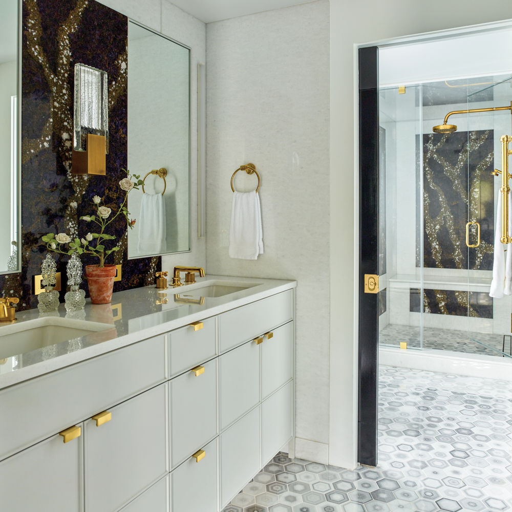 Cambria Princetown Quartz bathroom vanity backsplash and shower wall