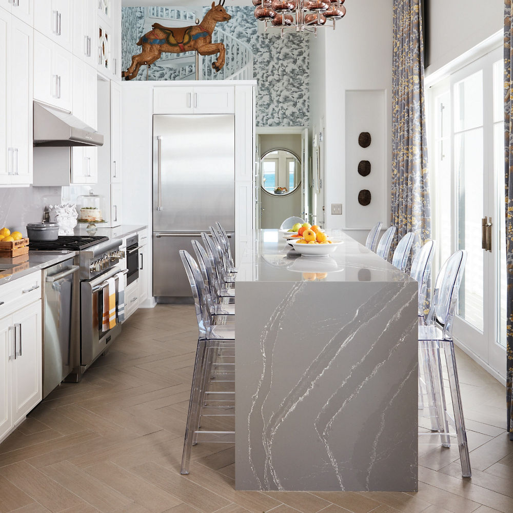 Cambria Queen Anne quartz kitchen waterfall countertop in kitchen designed by Vern Yip