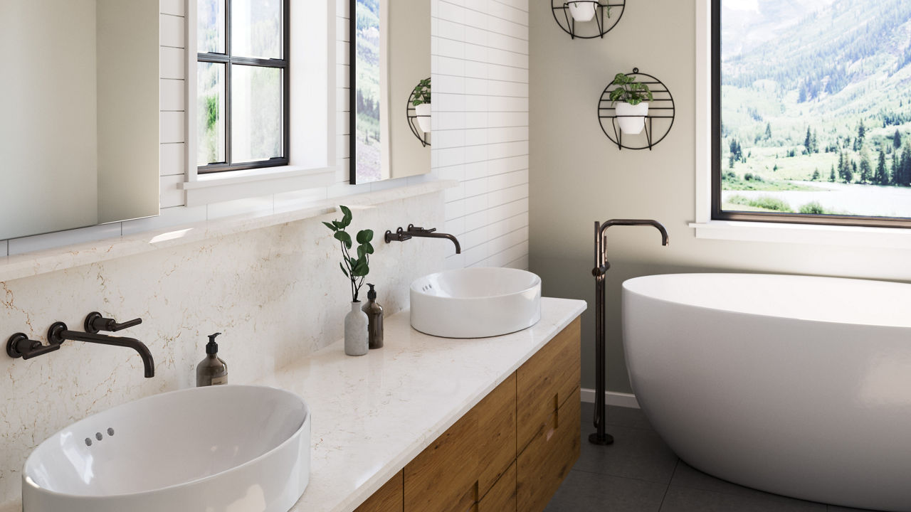 Ridgegate quartz vanity in a light toned bathroom