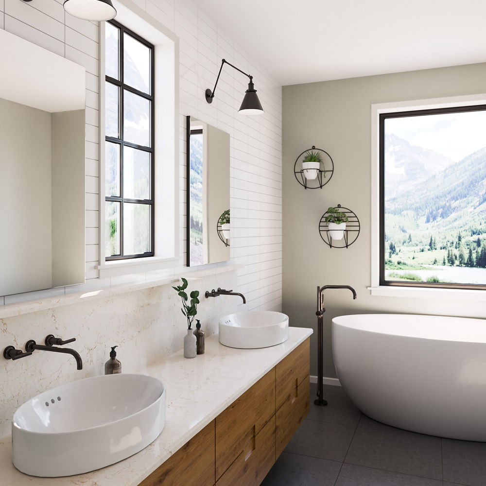 a stunning bathroom with a floating vanity, white quart countertops and partial backsplash, two large black windows, a soaking tub, and shiplap walls. 