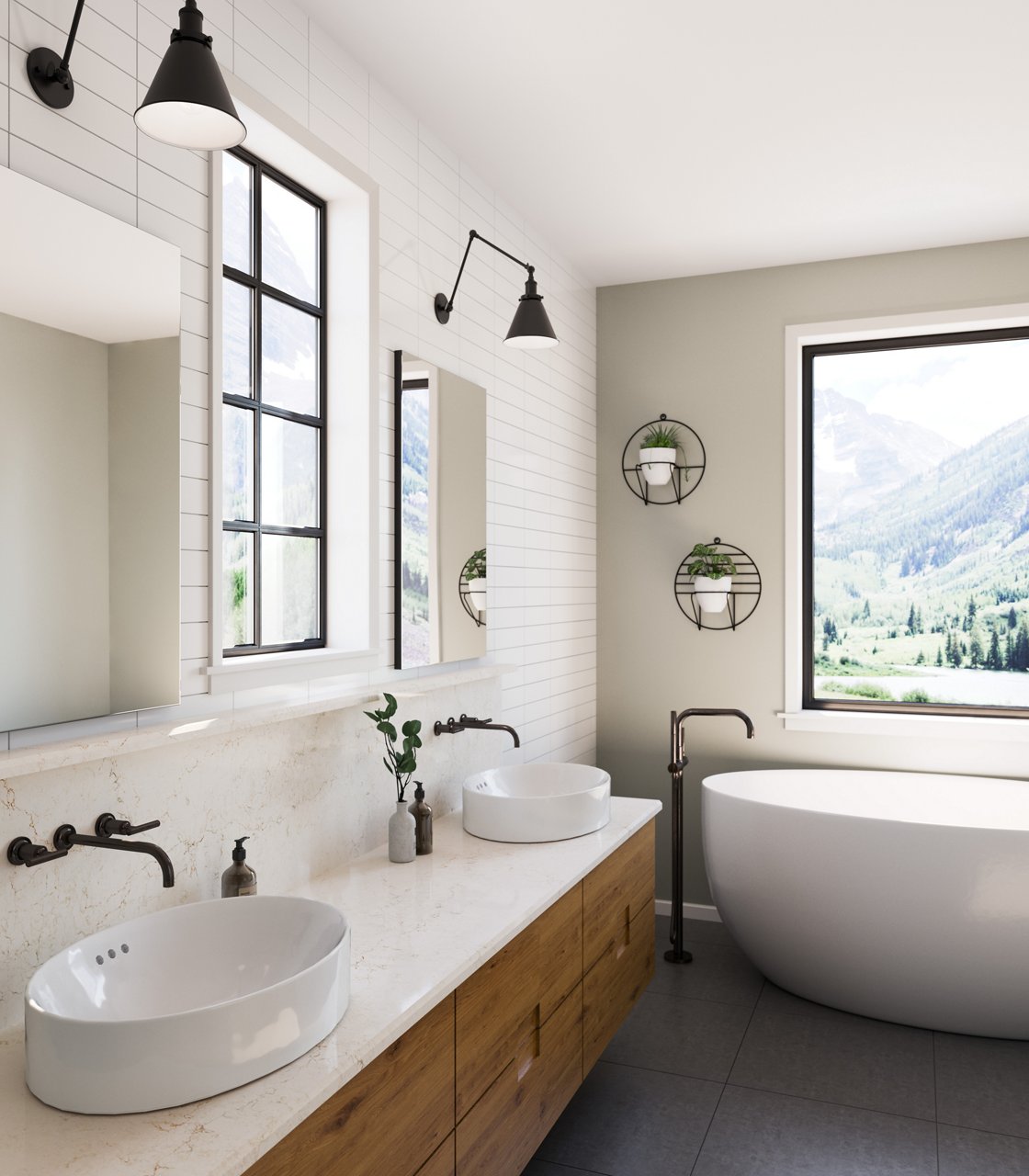 Ridgegate quartz vanity in a light toned bathroom