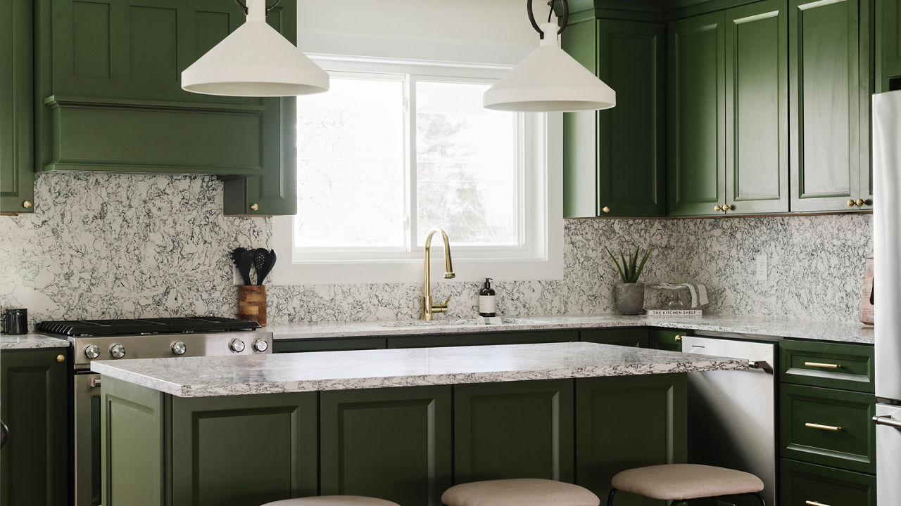 Black countertops deals green cabinets