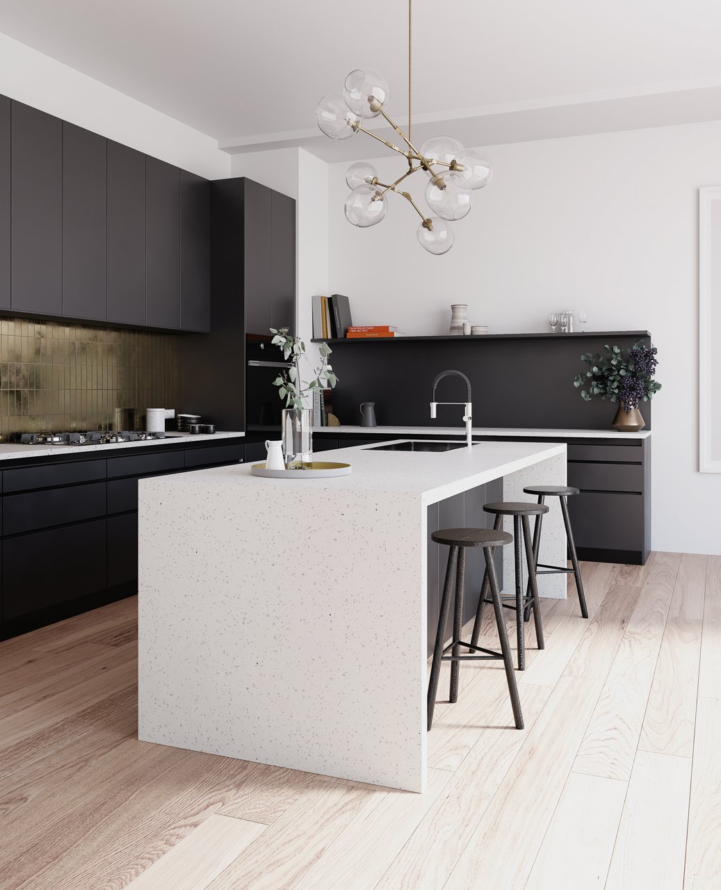 A kitchen with dark wood cabinets and Cambria Quartz Brittanicca waterfall edge kitchen island countertop and matching backsplash.
