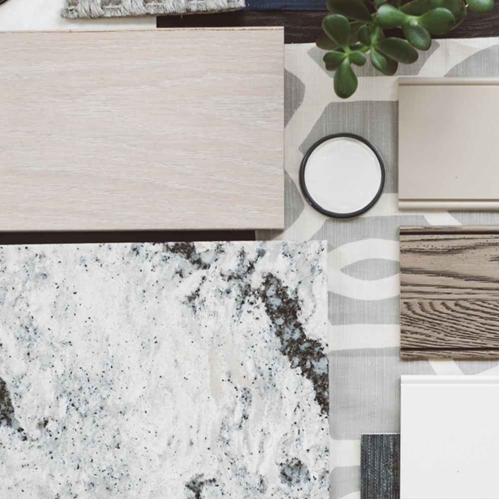 A moodboard featuring a Seagrove quartz countertop.